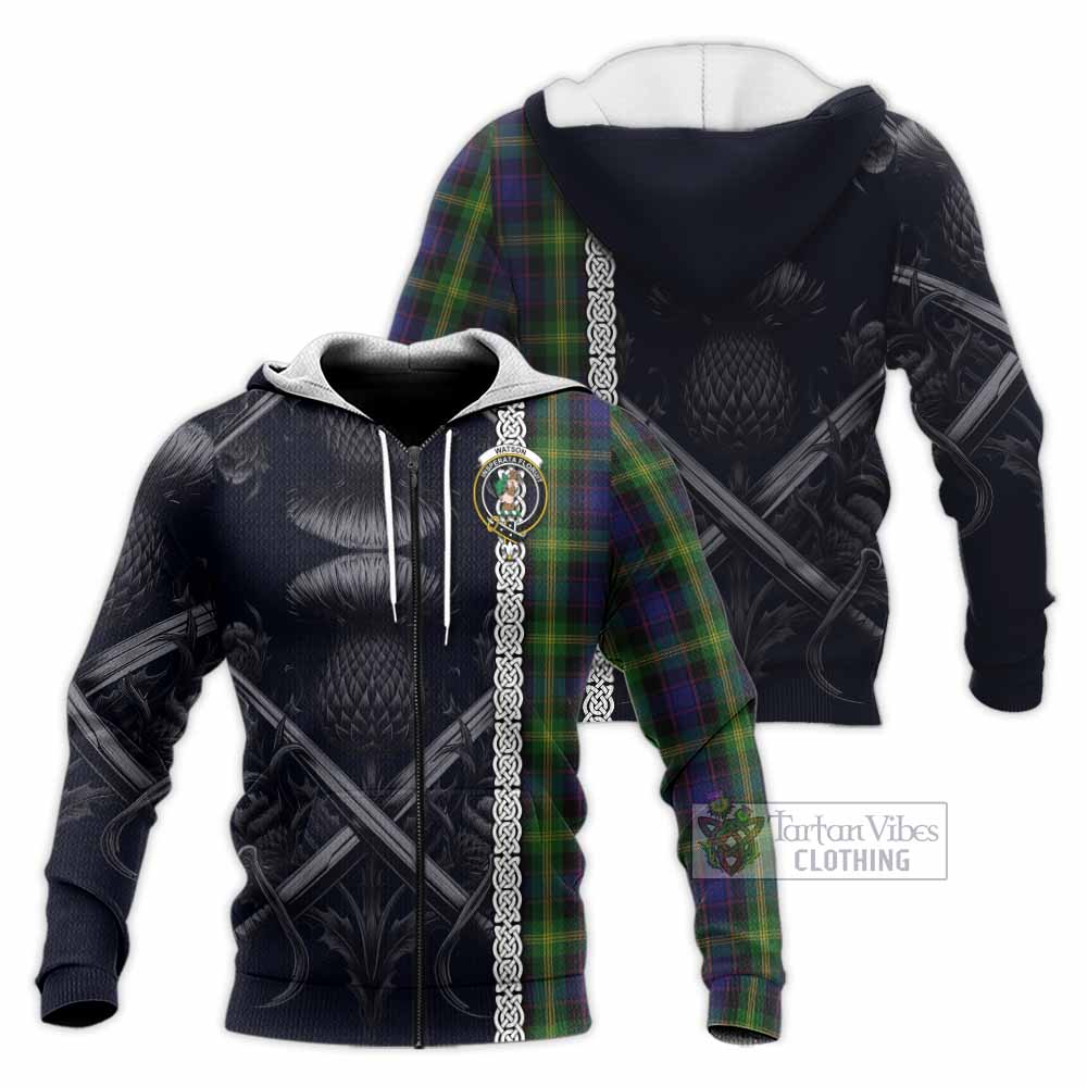 Tartan Vibes Clothing Watson Tartan Knitted Hoodie with Family Crest Cross Sword Thistle Celtic Vibes