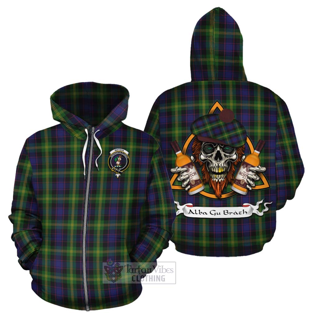 Tartan Vibes Clothing Watson Tartan Cotton Hoodie with Family Crest and Bearded Skull Holding Bottles of Whiskey