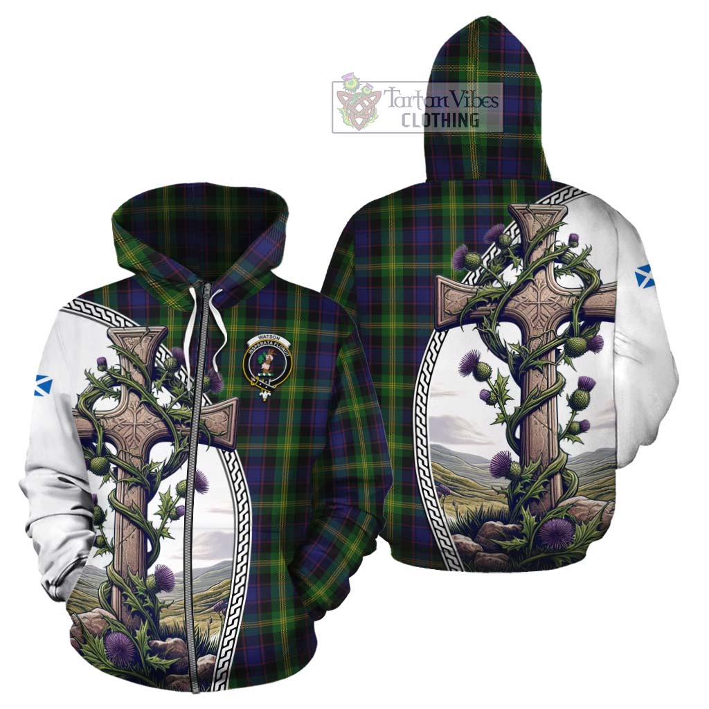 Tartan Vibes Clothing Watson Tartan Cotton Hoodie with Family Crest and St. Andrew's Cross Accented by Thistle Vines
