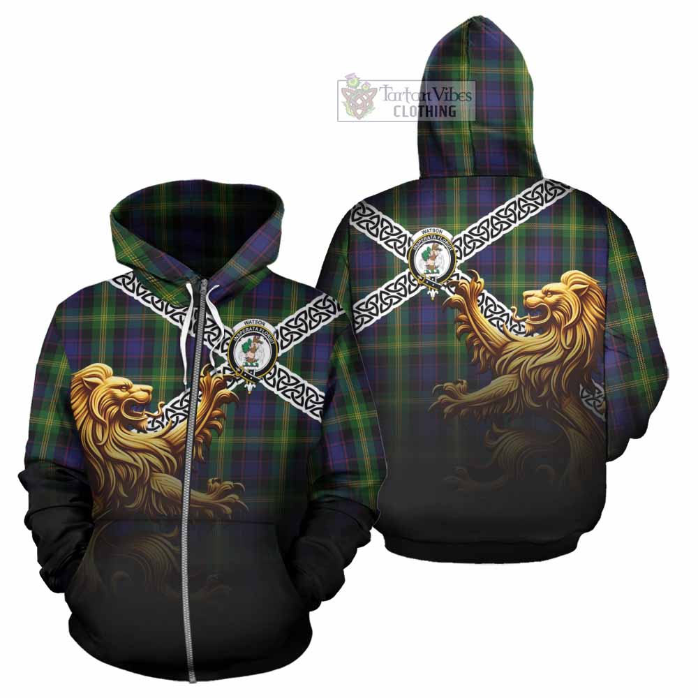 Tartan Vibes Clothing Watson Crest Tartan Hoodie with Golden Lion Emblem Celtic Style