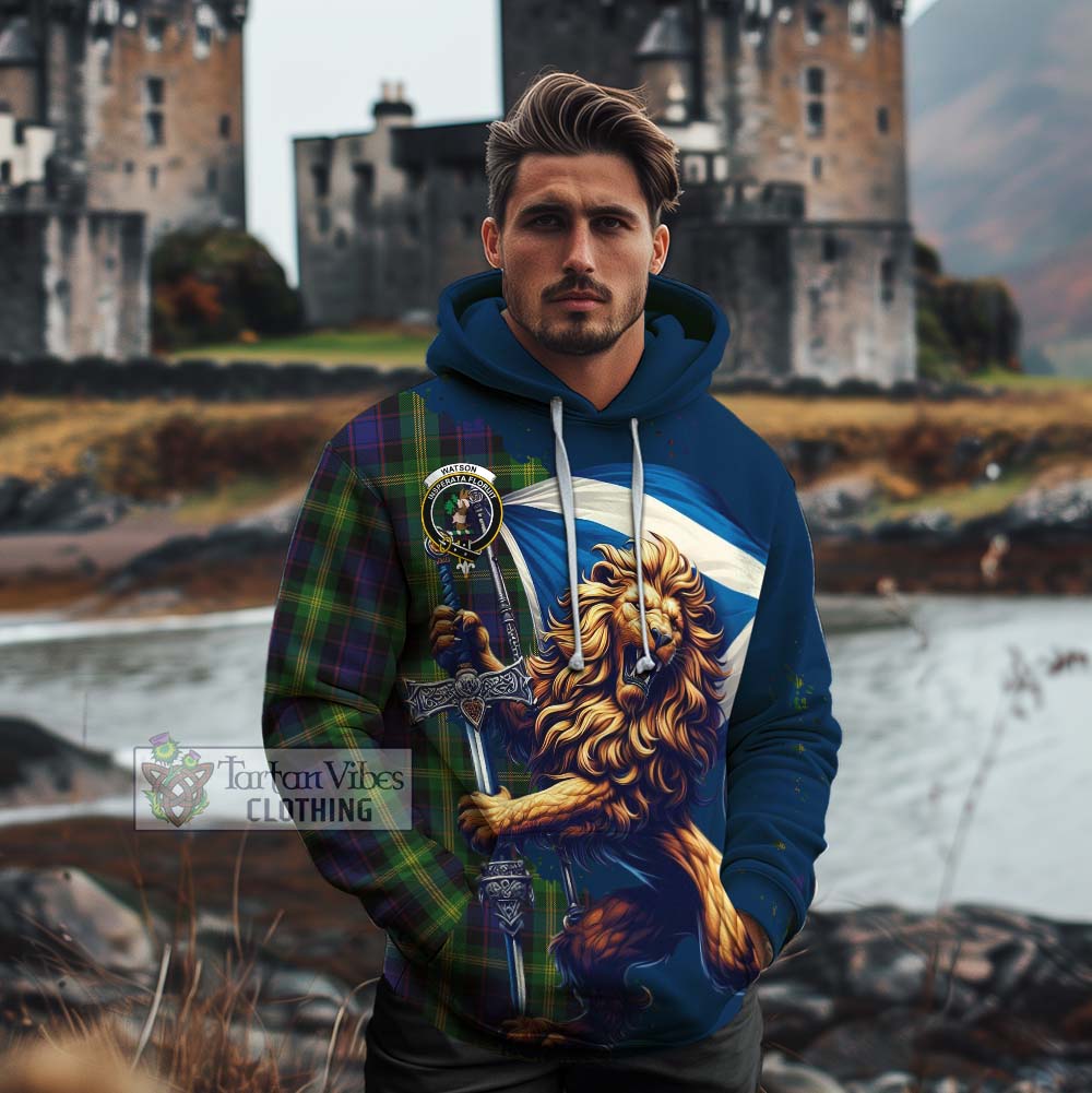 Tartan Vibes Clothing Watson Tartan Family Crest Cotton Hoodie with Scottish Majestic Lion