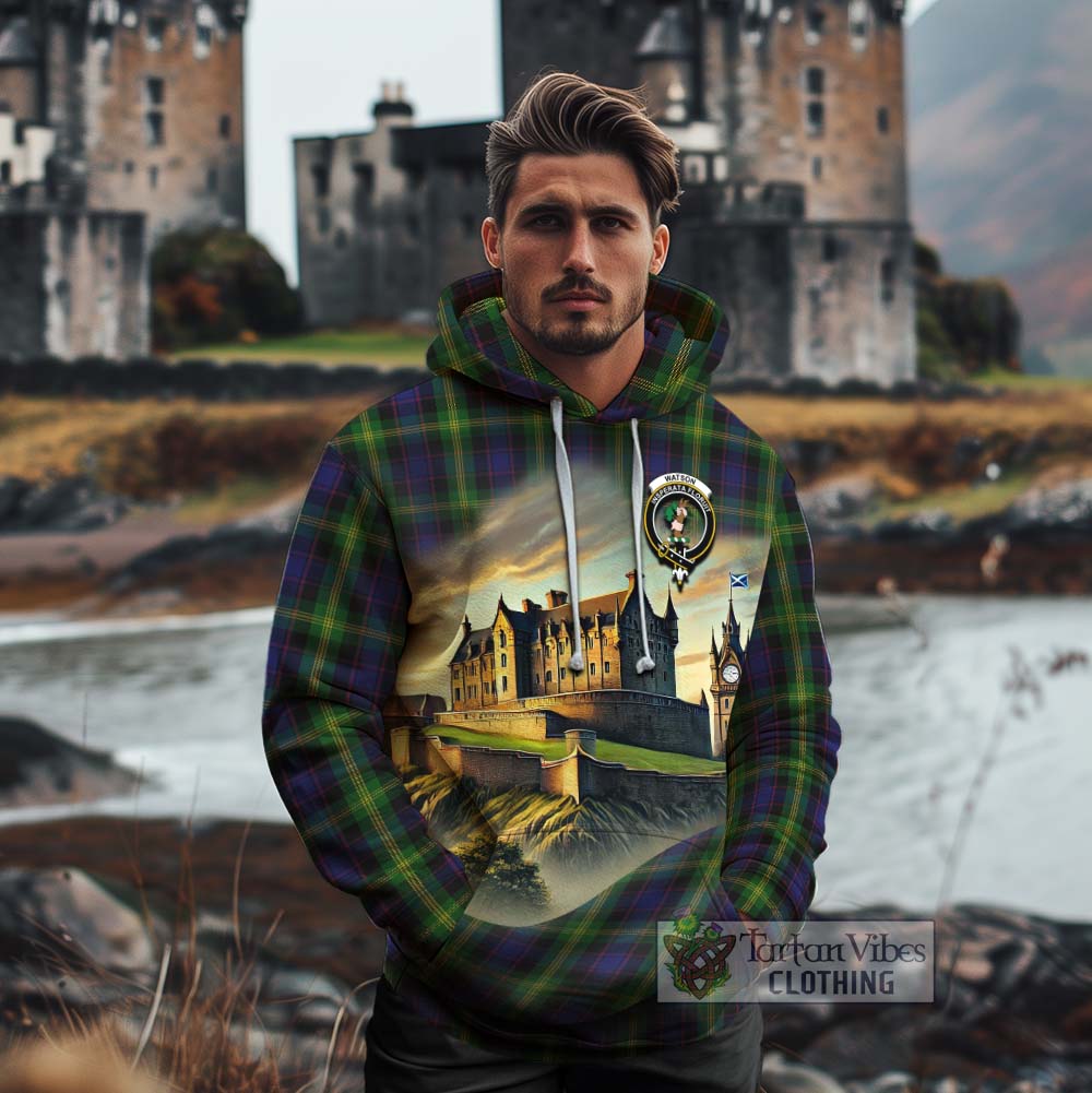 Tartan Vibes Clothing Watson Tartan Family Crest Cotton Hoodie with Scottish Ancient Castle Style