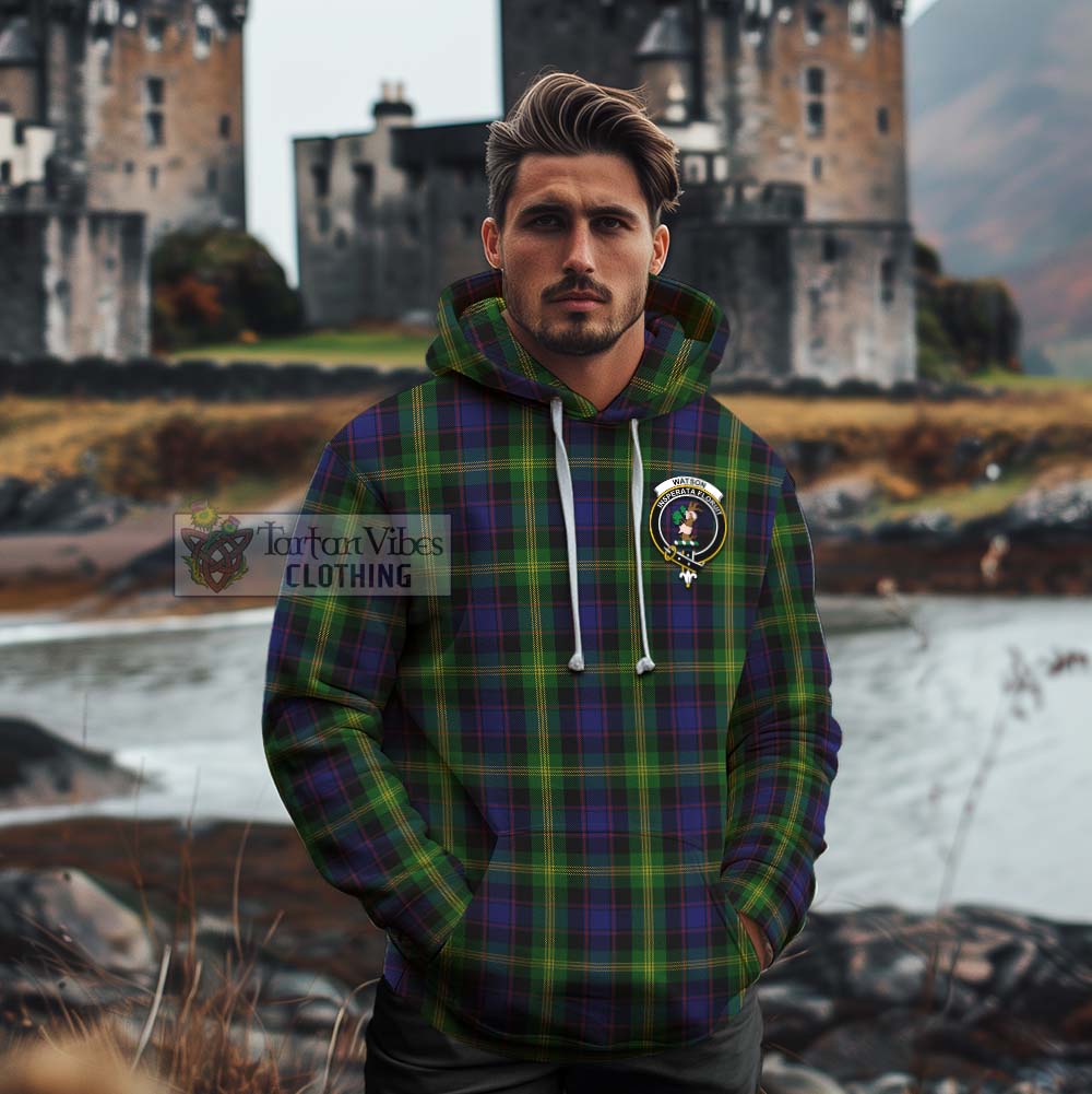 Tartan Vibes Clothing Watson Tartan Cotton Hoodie with Family Crest and Bearded Skull Holding Bottles of Whiskey