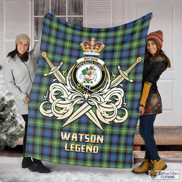 Watson Ancient Tartan Blanket with Clan Crest and the Golden Sword of Courageous Legacy