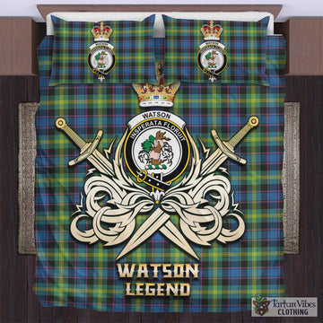 Watson Ancient Tartan Bedding Set with Clan Crest and the Golden Sword of Courageous Legacy