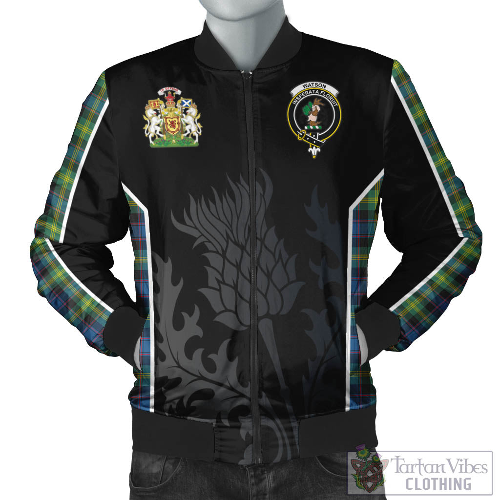 Tartan Vibes Clothing Watson Ancient Tartan Bomber Jacket with Family Crest and Scottish Thistle Vibes Sport Style