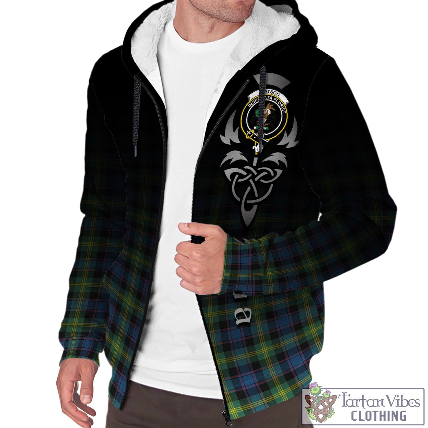 Tartan Vibes Clothing Watson Ancient Tartan Sherpa Hoodie Featuring Alba Gu Brath Family Crest Celtic Inspired