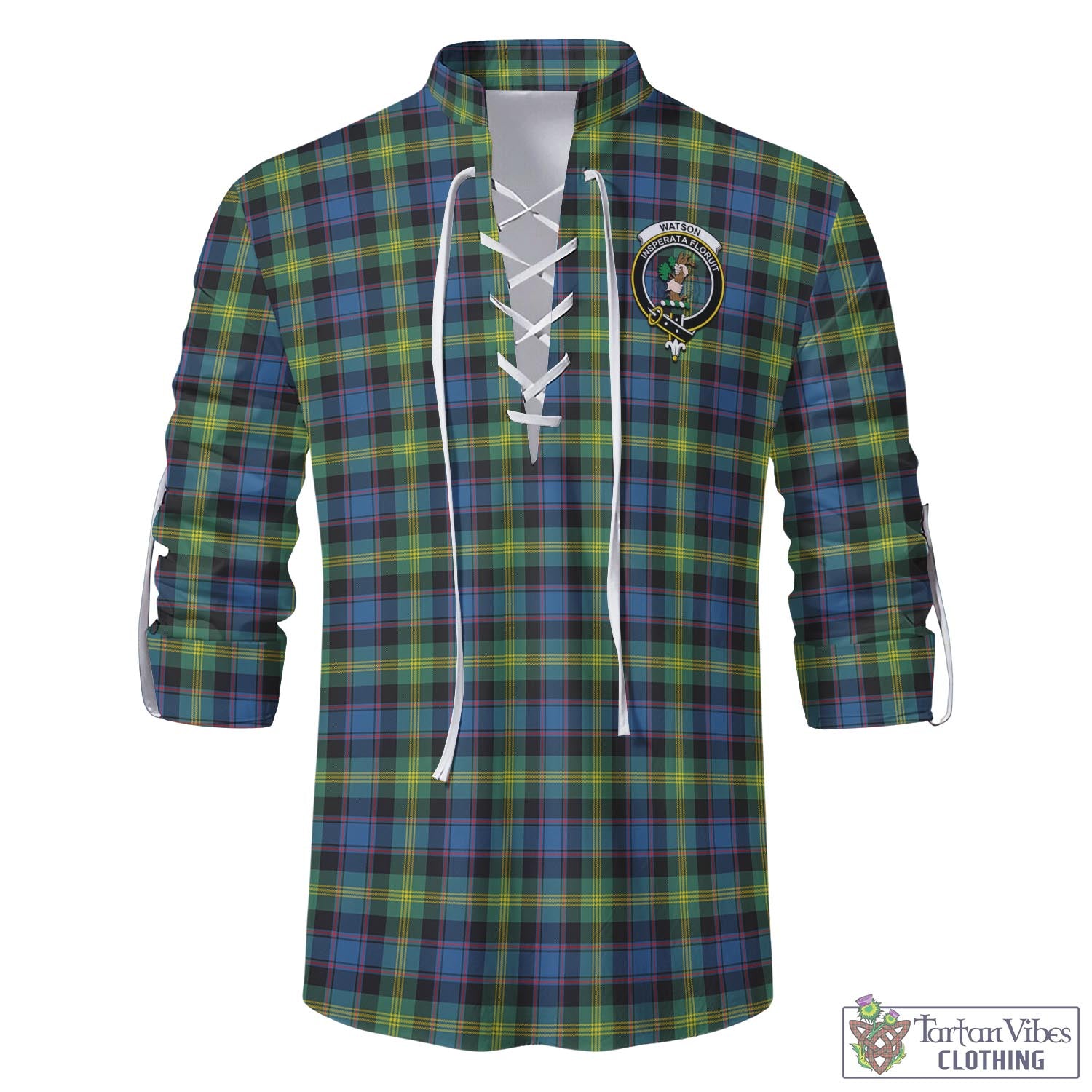 Tartan Vibes Clothing Watson Ancient Tartan Men's Scottish Traditional Jacobite Ghillie Kilt Shirt with Family Crest