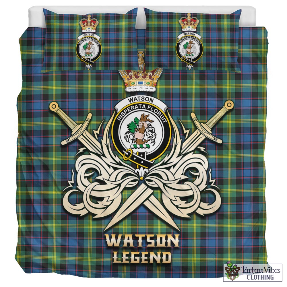 Tartan Vibes Clothing Watson Ancient Tartan Bedding Set with Clan Crest and the Golden Sword of Courageous Legacy