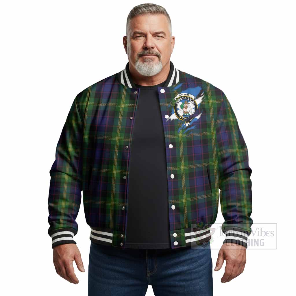 Watson Clan Crest In Me Tartan Baseball Jacket Scotland Flag Style