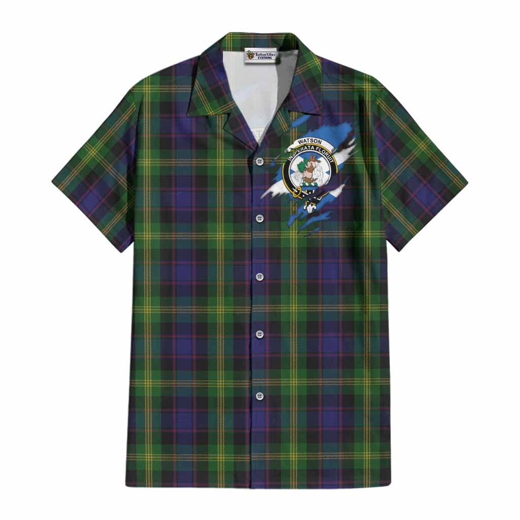 Watson Clan Crest In Me Tartan Cotton Hawaiian Shirt Scotland Flag Style