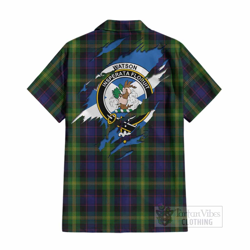 Watson Clan Crest In Me Tartan Cotton Hawaiian Shirt Scotland Flag Style