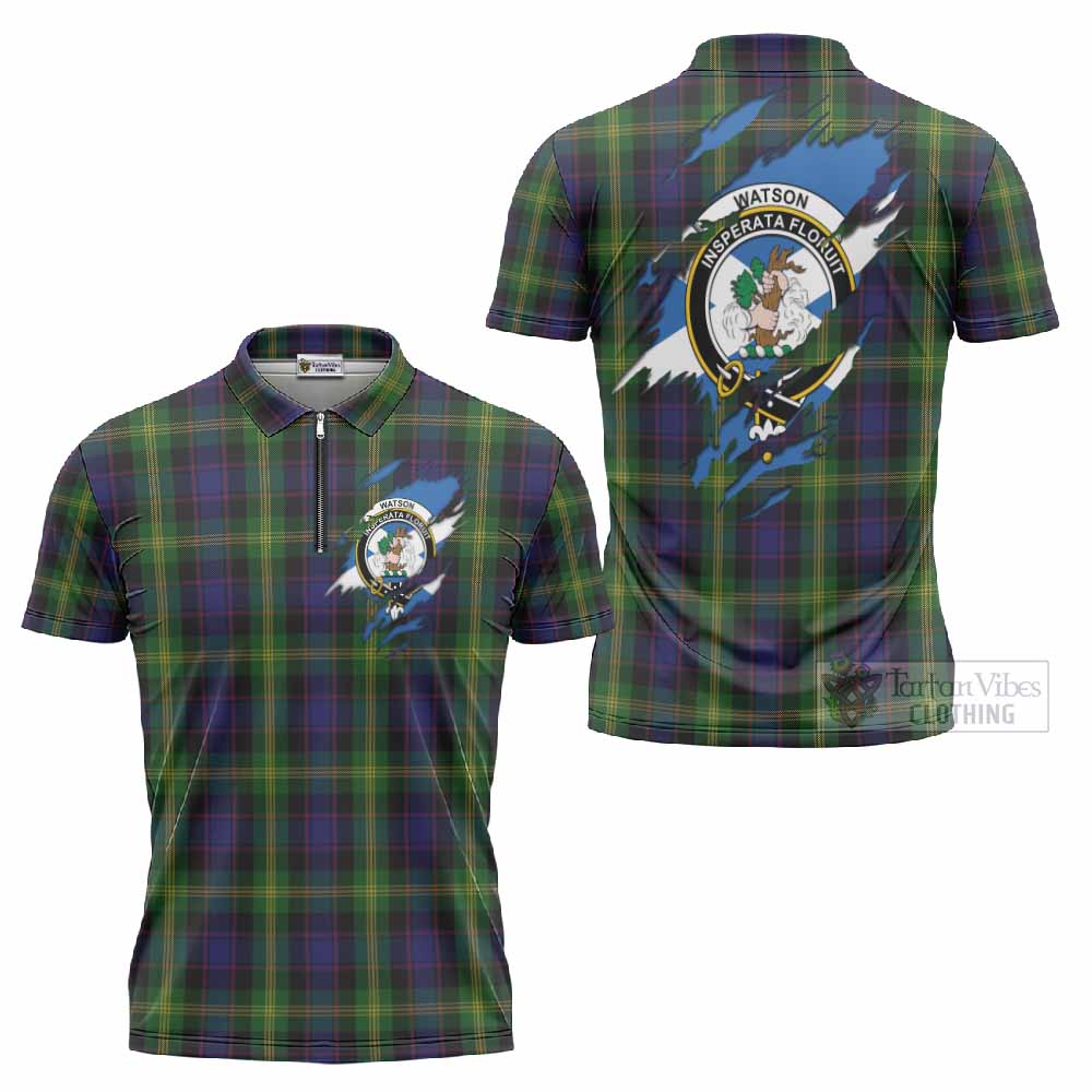 Watson Clan Crest In Me Tartan Zipper Polo Shirt Scotland Flag Style