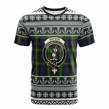 Watson Clan Tartan Christmas Cotton T-shirt with Family Crest
