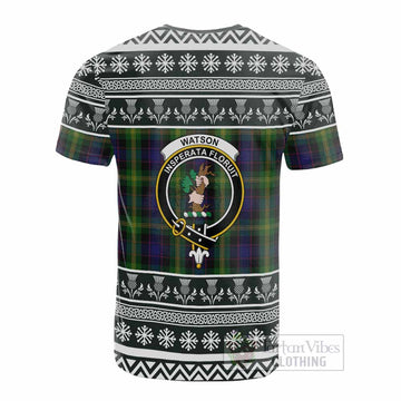 Watson Clan Tartan Christmas Cotton T-shirt with Family Crest