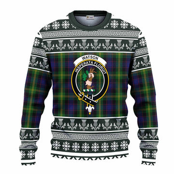 Watson Clan Tartan Christmas Ugly Sweater with Family Crest