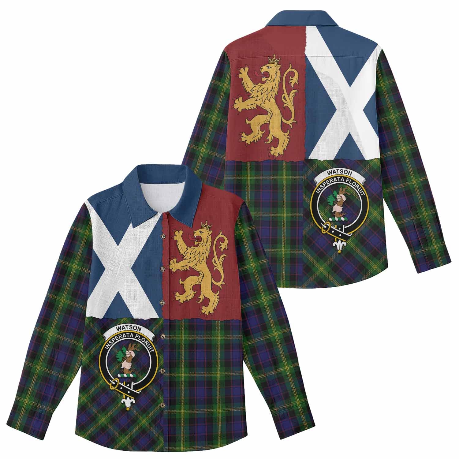 Watson Crest Tartan Women Casual Shirt with Lion Rampant Saltire Style