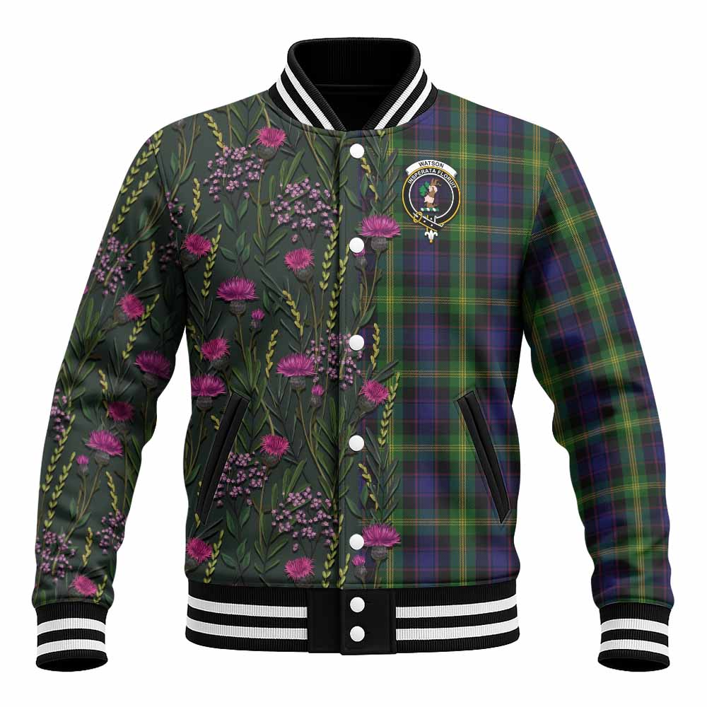 Watson Family Crest Tartan Baseball Jacket Scottish Thistle Flower Pattern Half Style - Tartan Vibes Clothing
