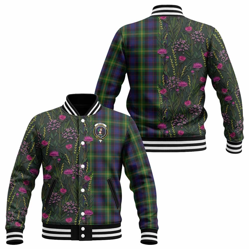 Watson Family Crest Tartan Baseball Jacket Scottish Thistle Flower Pattern Half Style - Tartan Vibes Clothing