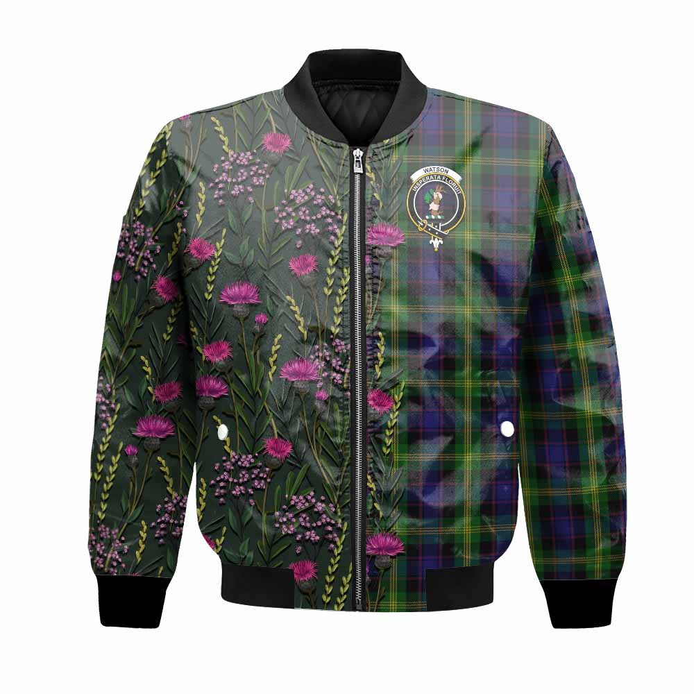 Watson Family Crest Tartan Bomber Jacket Scottish Thistle Flower Pattern Half Style - Tartan Vibes Clothing