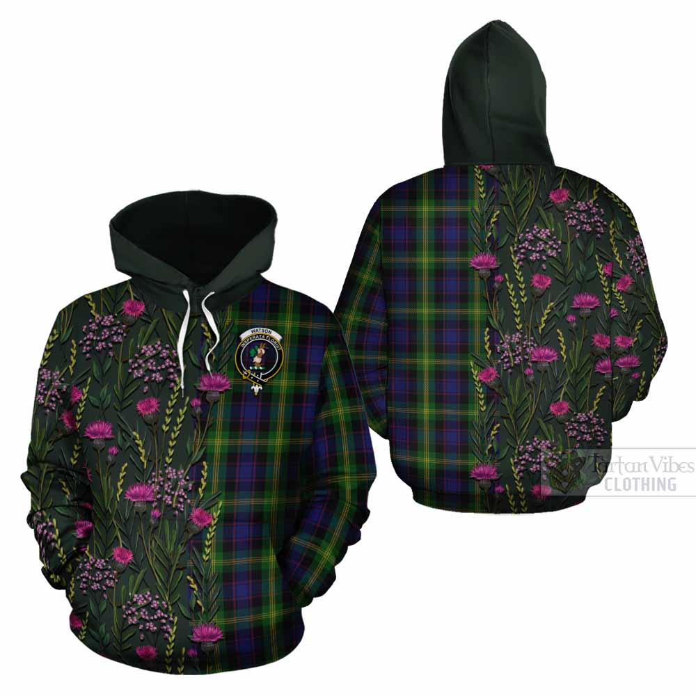 Watson Family Crest Tartan Cotton Hoodie Scottish Thistle Flower Pattern Half Style - Tartan Vibes Clothing