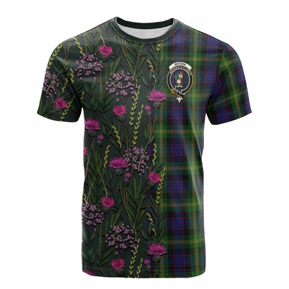 Watson Family Crest Tartan Cotton T-shirt Scottish Thistle Flower Pattern Half Style - Tartan Vibes Clothing