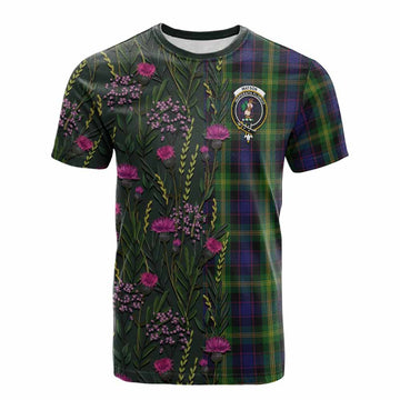 Watson Family Crest Tartan Cotton T-shirt Scottish Thistle Flower Pattern Half Style