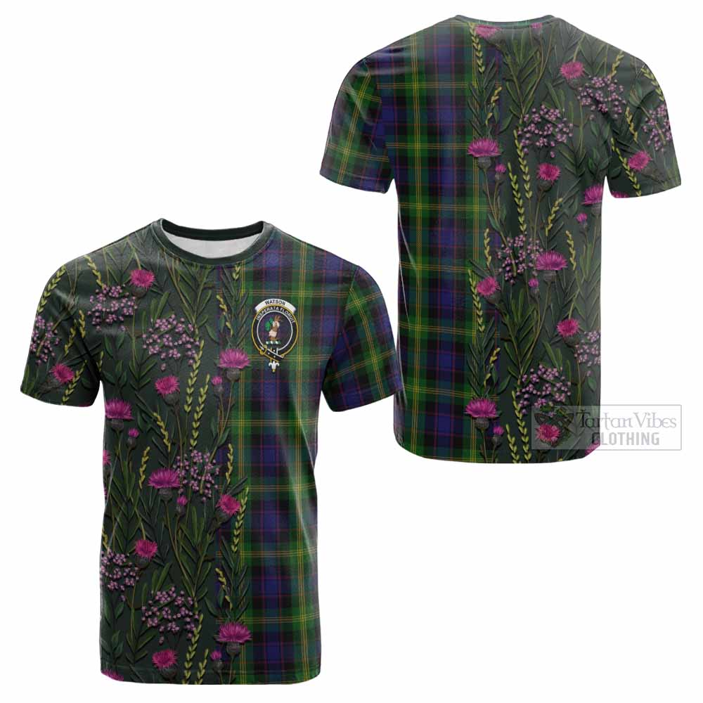 Watson Family Crest Tartan Cotton T-shirt Scottish Thistle Flower Pattern Half Style - Tartan Vibes Clothing