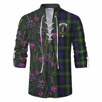 Watson Family Crest Tartan Ghillie Shirt Scottish Thistle Flower Pattern Half Style - Tartan Vibes Clothing