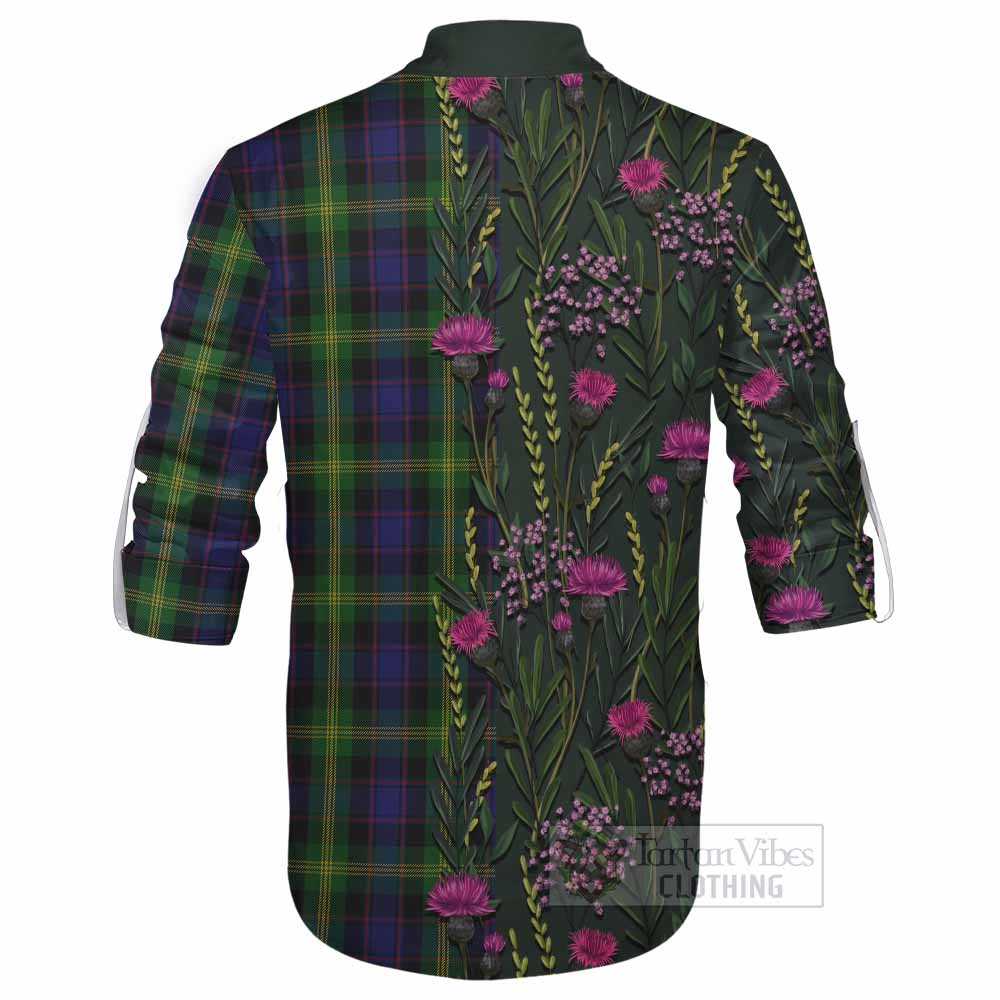 Watson Family Crest Tartan Ghillie Shirt Scottish Thistle Flower Pattern Half Style - Tartan Vibes Clothing