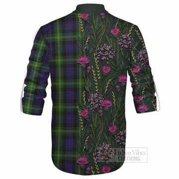 Watson Family Crest Tartan Ghillie Shirt Scottish Thistle Flower Pattern Half Style - Tartan Vibes Clothing