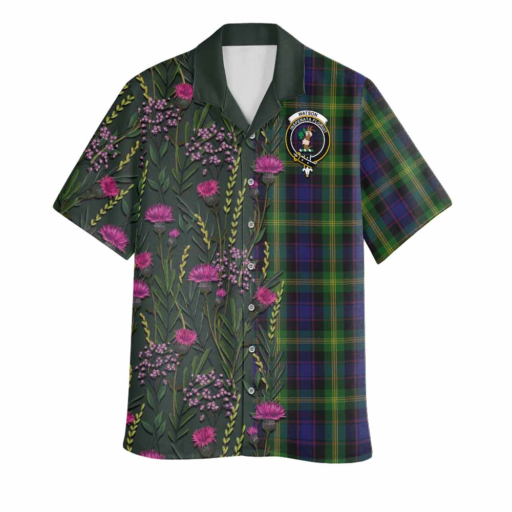 Watson Family Crest Tartan Hawaiian Shirt Scottish Thistle Flower Pattern Half Style - Tartan Vibes Clothing