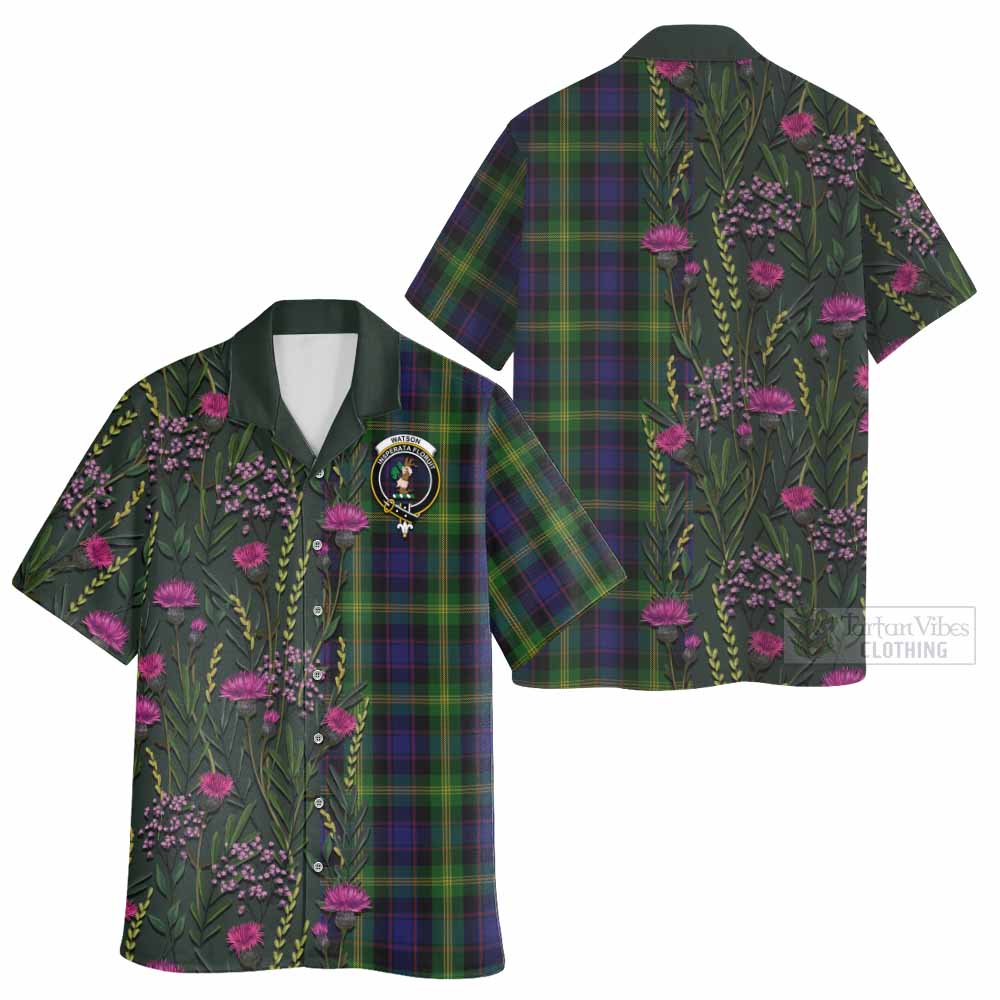 Watson Family Crest Tartan Hawaiian Shirt Scottish Thistle Flower Pattern Half Style - Tartan Vibes Clothing