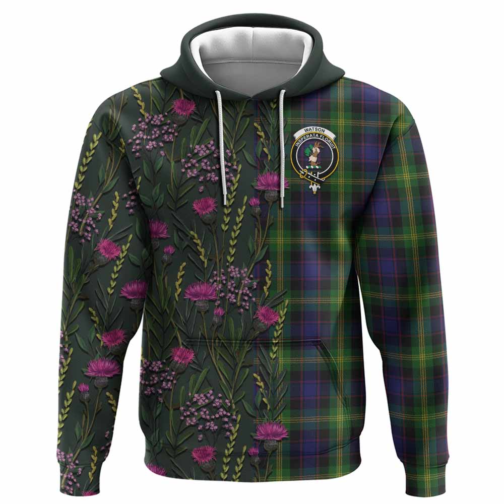 Watson Family Crest Tartan Hoodie Scottish Thistle Flower Pattern Half Style - Tartan Vibes Clothing
