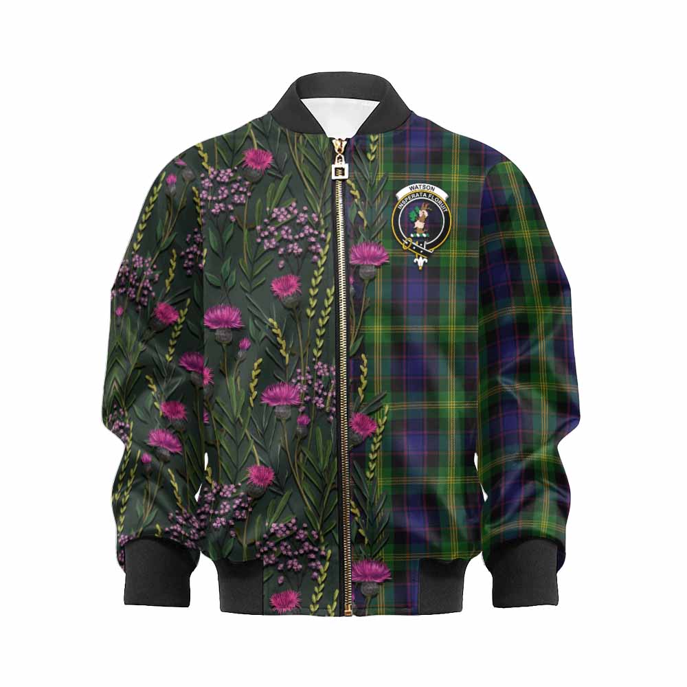 Watson Family Crest Tartan Kid Bomber Jacket Scottish Thistle Flower Pattern Half Style - Tartan Vibes Clothing