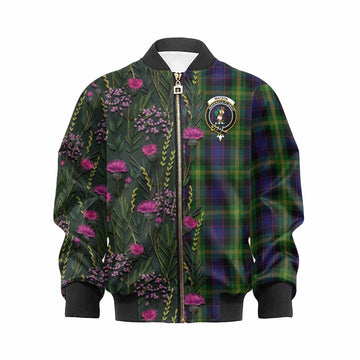 Watson Family Crest Tartan Kid Bomber Jacket Scottish Thistle Flower Pattern Half Style