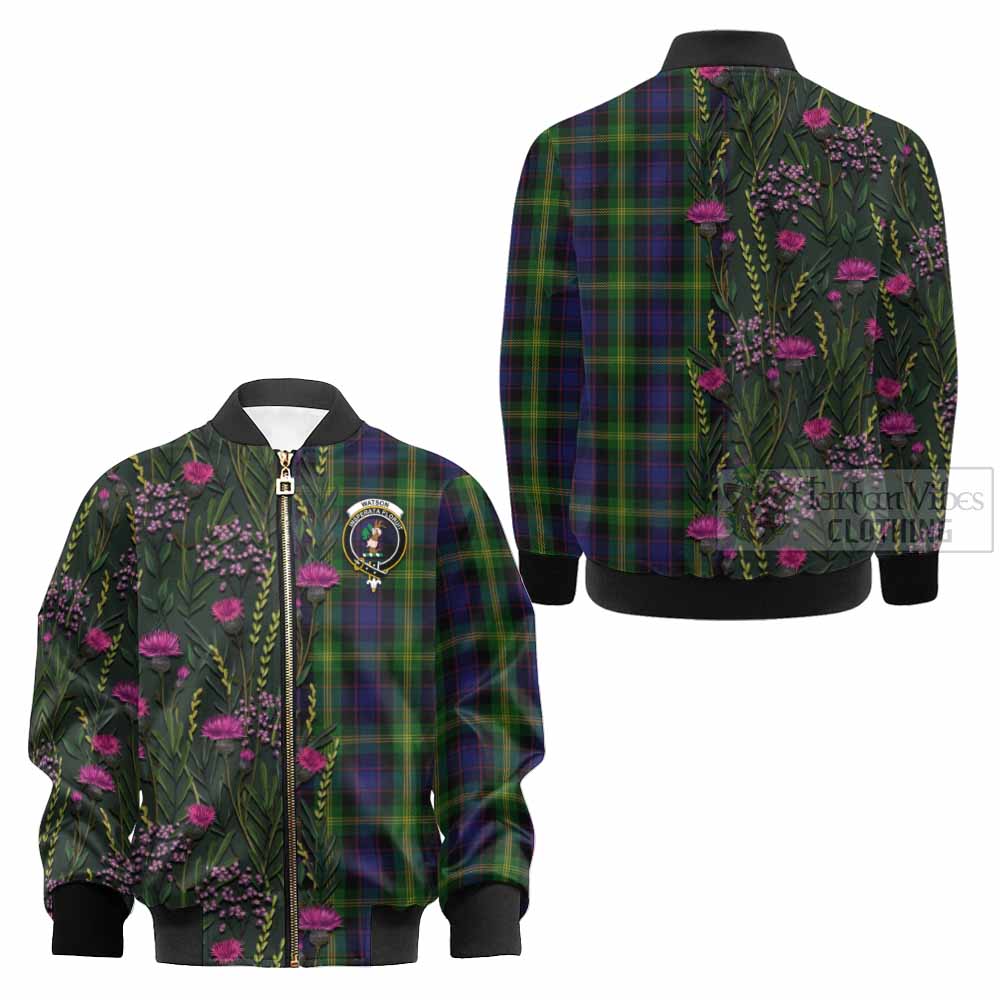 Watson Family Crest Tartan Kid Bomber Jacket Scottish Thistle Flower Pattern Half Style - Tartan Vibes Clothing