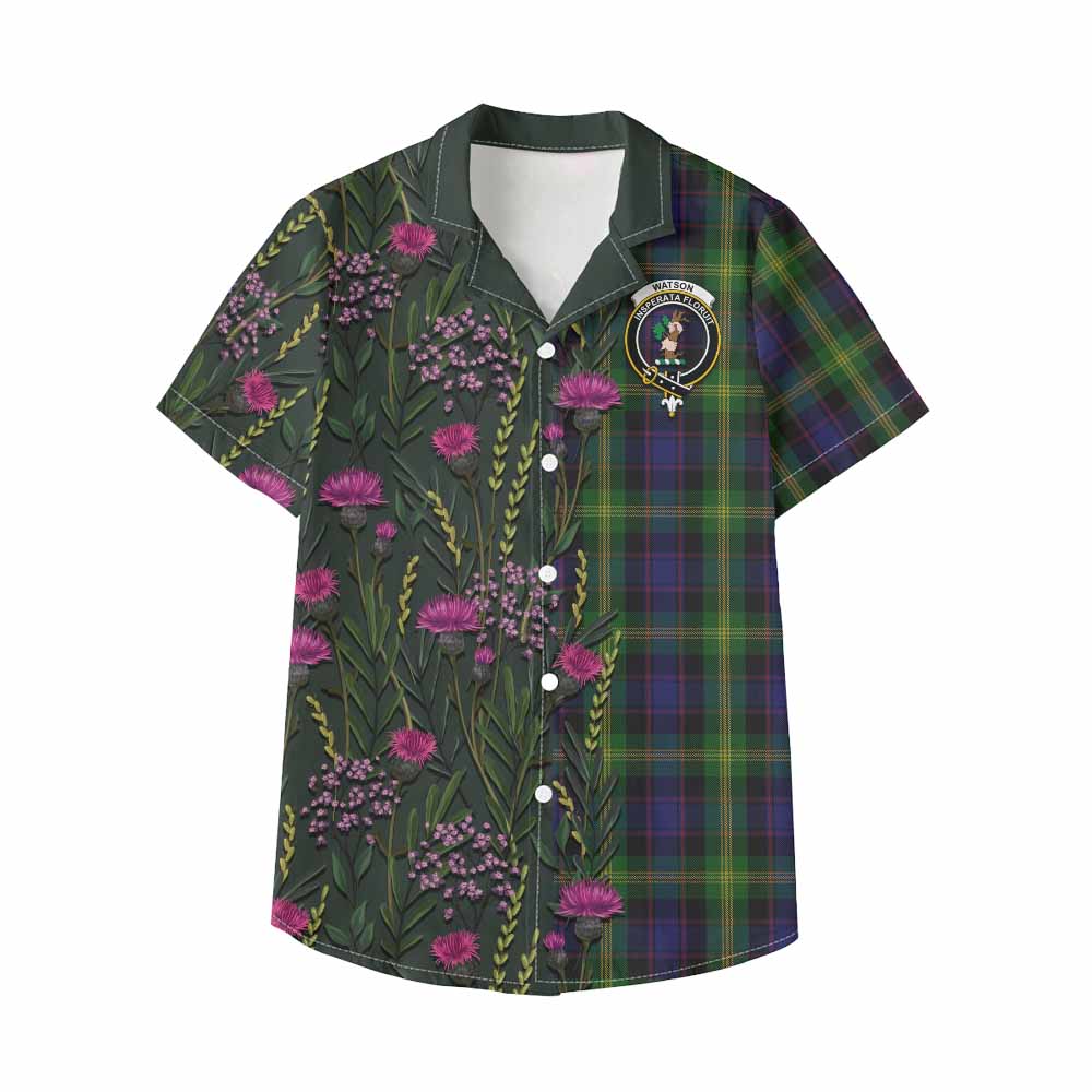 Watson Family Crest Tartan Kid Hawaiian Shirt Scottish Thistle Flower Pattern Half Style - Tartan Vibes Clothing