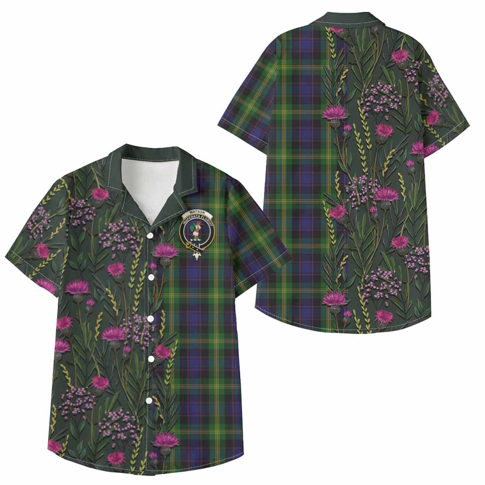 Watson Family Crest Tartan Kid Hawaiian Shirt Scottish Thistle Flower Pattern Half Style - Tartan Vibes Clothing