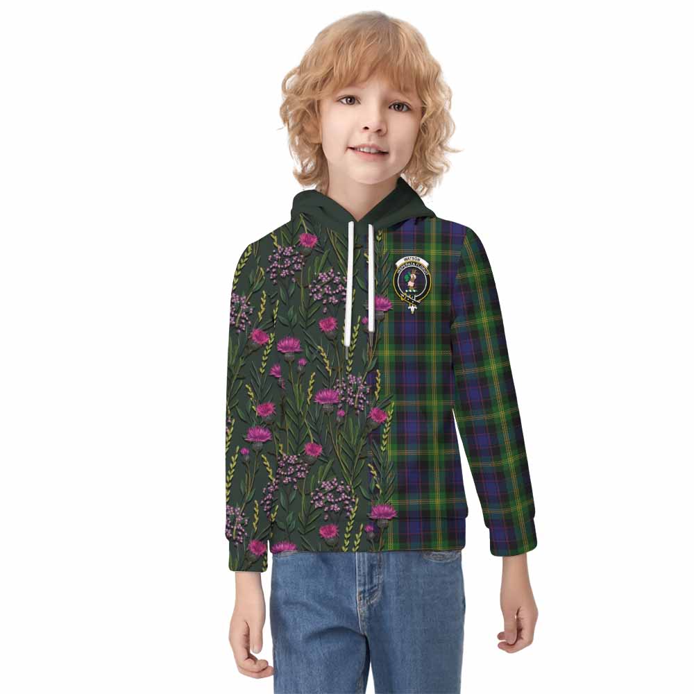 Watson Family Crest Tartan Kid Hoodie Scottish Thistle Flower Pattern Half Style - Tartan Vibes Clothing