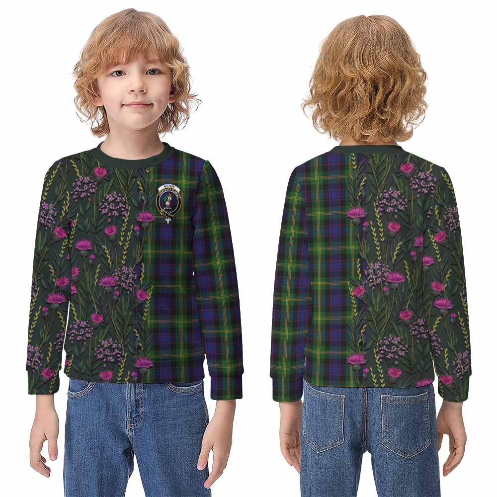 Watson Family Crest Tartan Kid Knitted Sweatshirt Scottish Thistle Flower Pattern Half Style - Tartan Vibes Clothing