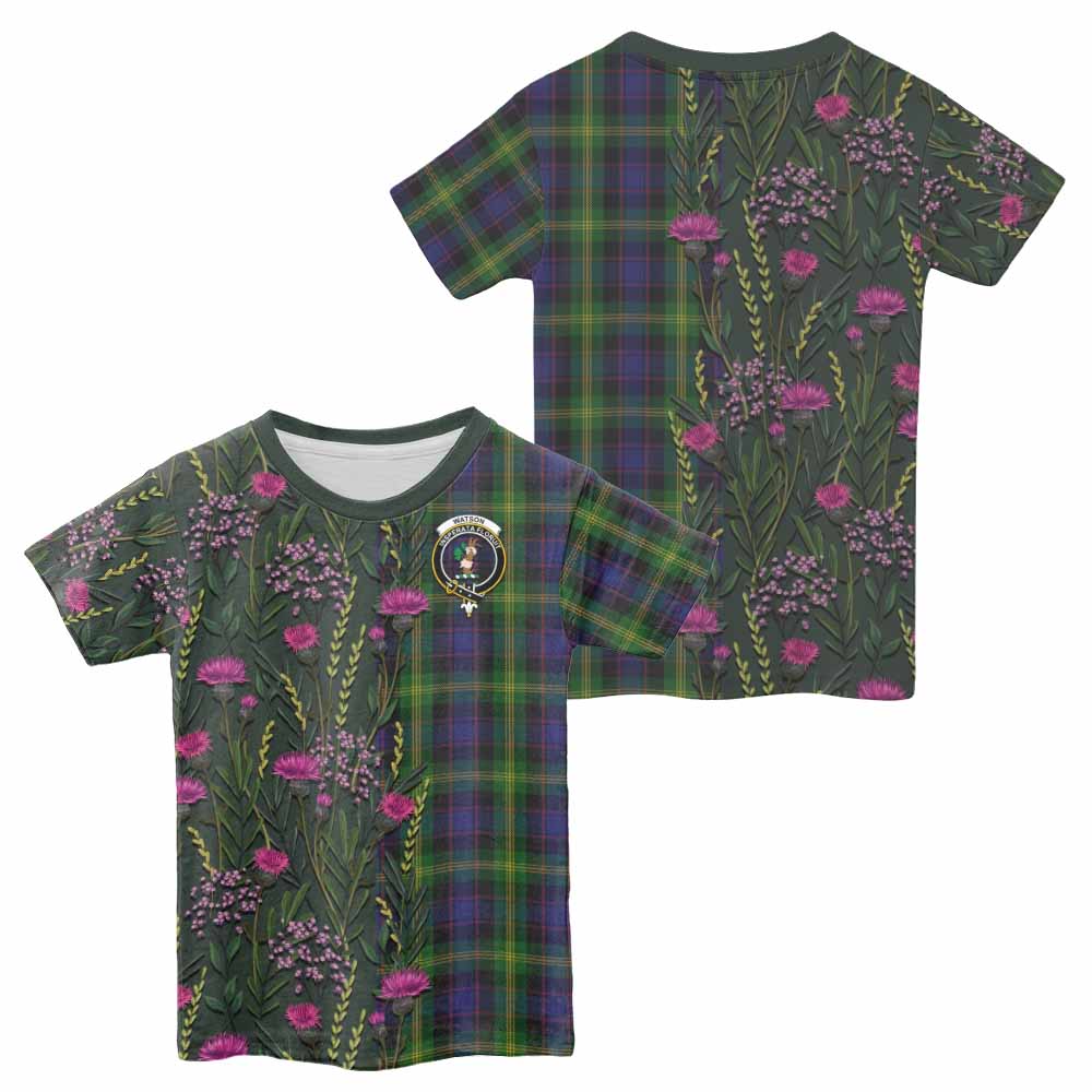 Watson Family Crest Tartan Kid T-shirt Scottish Thistle Flower Pattern Half Style - Tartan Vibes Clothing