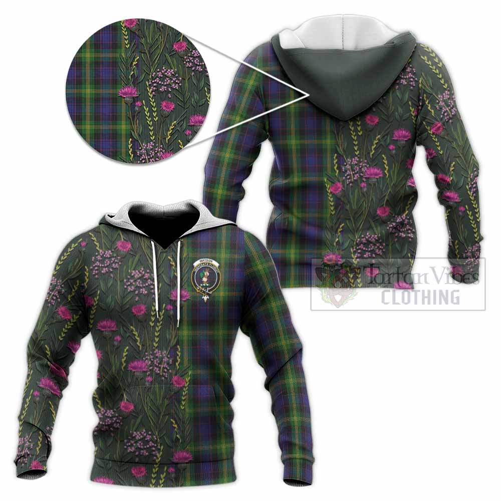 Watson Family Crest Tartan Knitted Hoodie Scottish Thistle Flower Pattern Half Style - Tartan Vibes Clothing