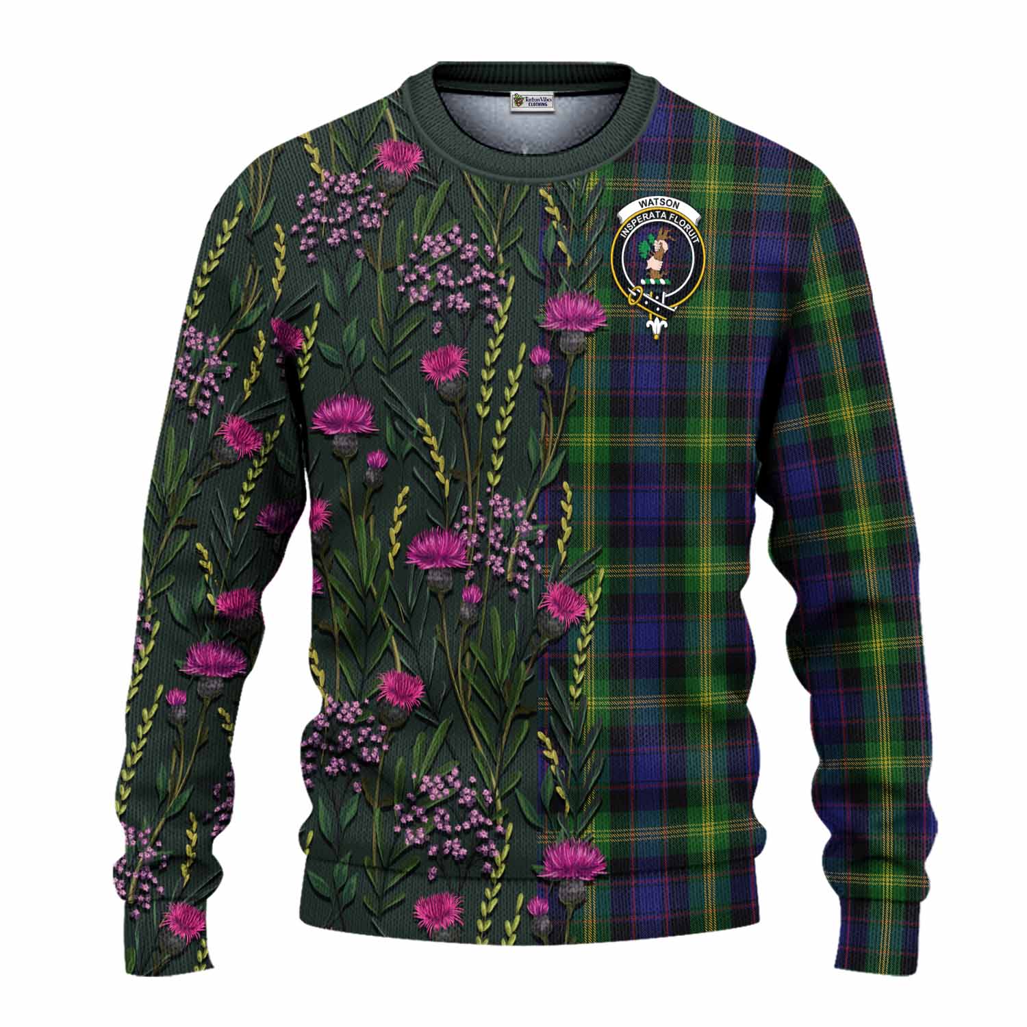 Watson Family Crest Tartan Knitted Sweater Scottish Thistle Flower Pattern Half Style - Tartan Vibes Clothing