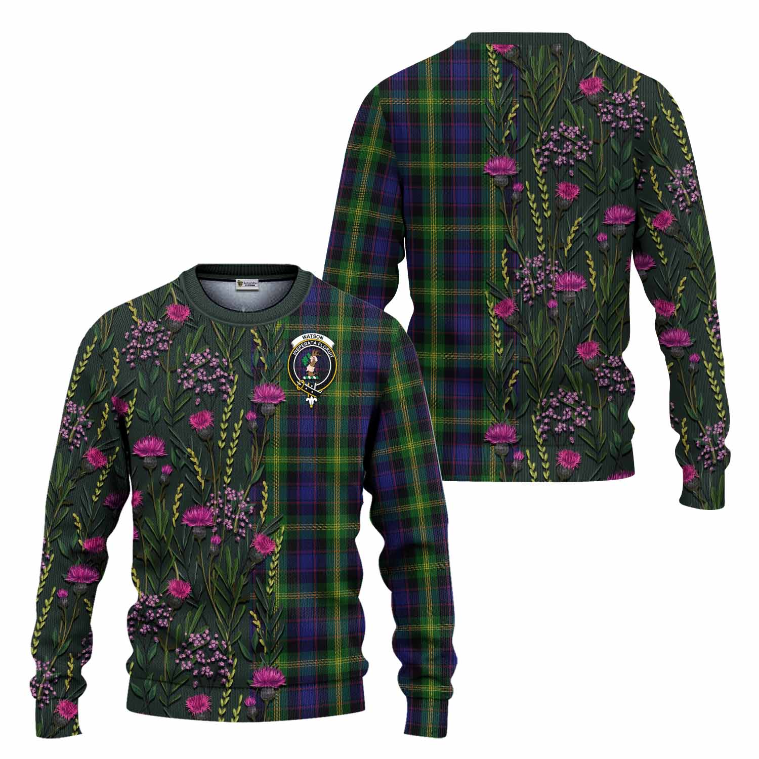 Watson Family Crest Tartan Knitted Sweater Scottish Thistle Flower Pattern Half Style - Tartan Vibes Clothing