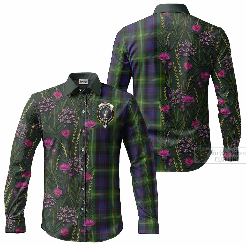 Watson Family Crest Tartan Long Sleeve Button Shirts Scottish Thistle Flower Pattern Half Style - Tartan Vibes Clothing