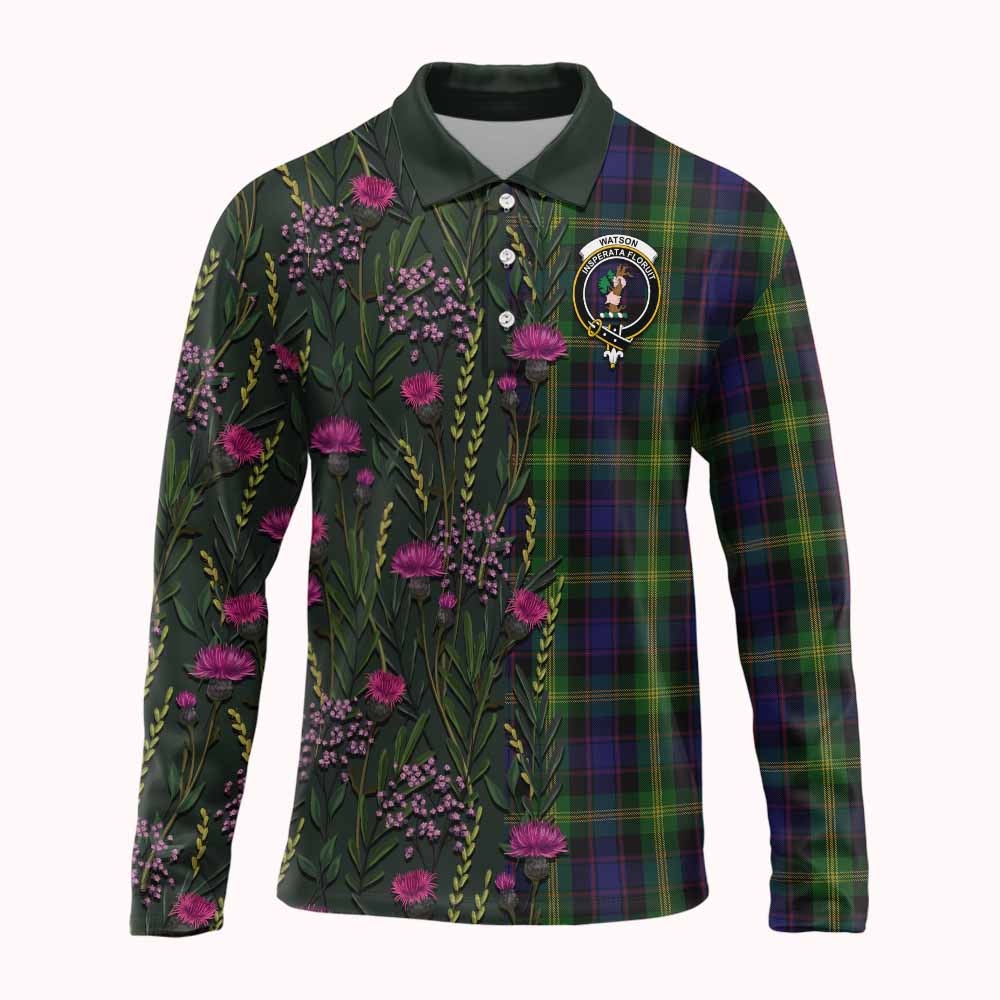 Watson Family Crest Tartan Long Sleeve Polo Shirt Scottish Thistle Flower Pattern Half Style - Tartan Vibes Clothing