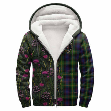 Watson Family Crest Tartan Sherpa Hoodie Scottish Thistle Flower Pattern Half Style