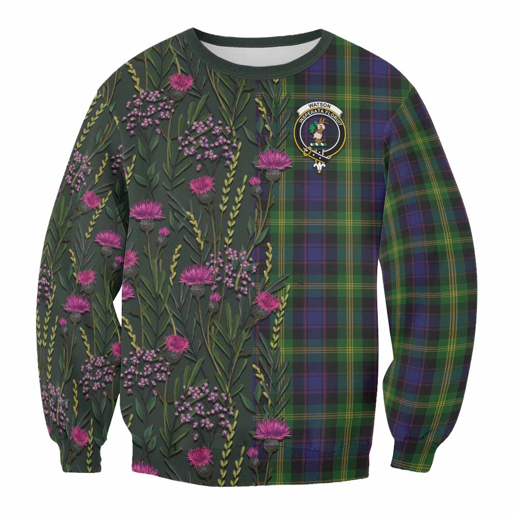 Watson Family Crest Tartan Sweatshirt Scottish Thistle Flower Pattern Half Style - Tartan Vibes Clothing