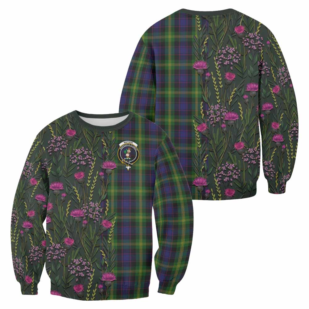 Watson Family Crest Tartan Sweatshirt Scottish Thistle Flower Pattern Half Style - Tartan Vibes Clothing
